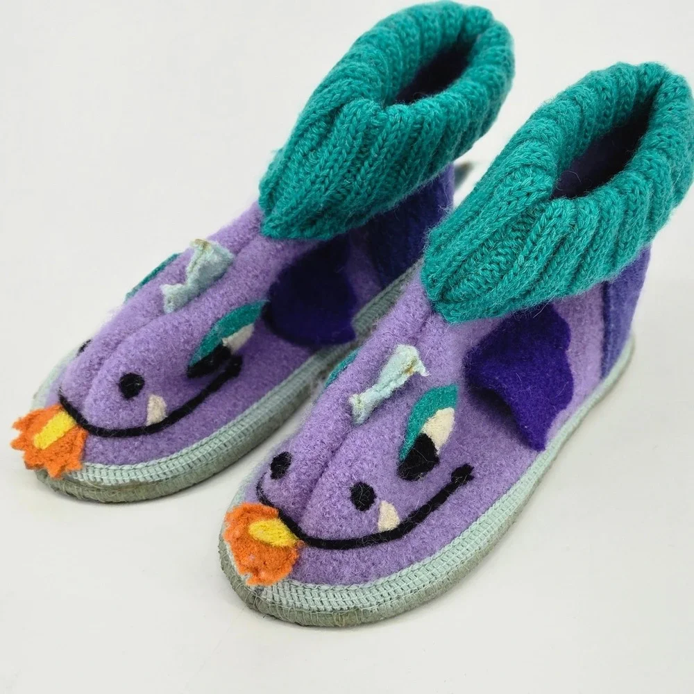 Garnet Hill Haflinger Boiled Wool Dragon Slipper Boots 11 Toddler Kids Pom EUC